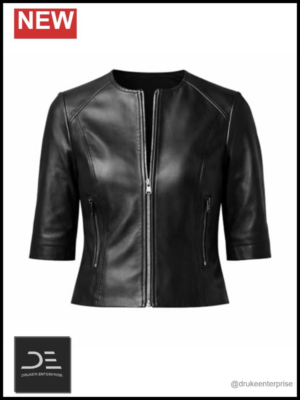Women's Cropped Faux Leather Jacket Zip-Up Short Sleeve Minimalist Slim Fit